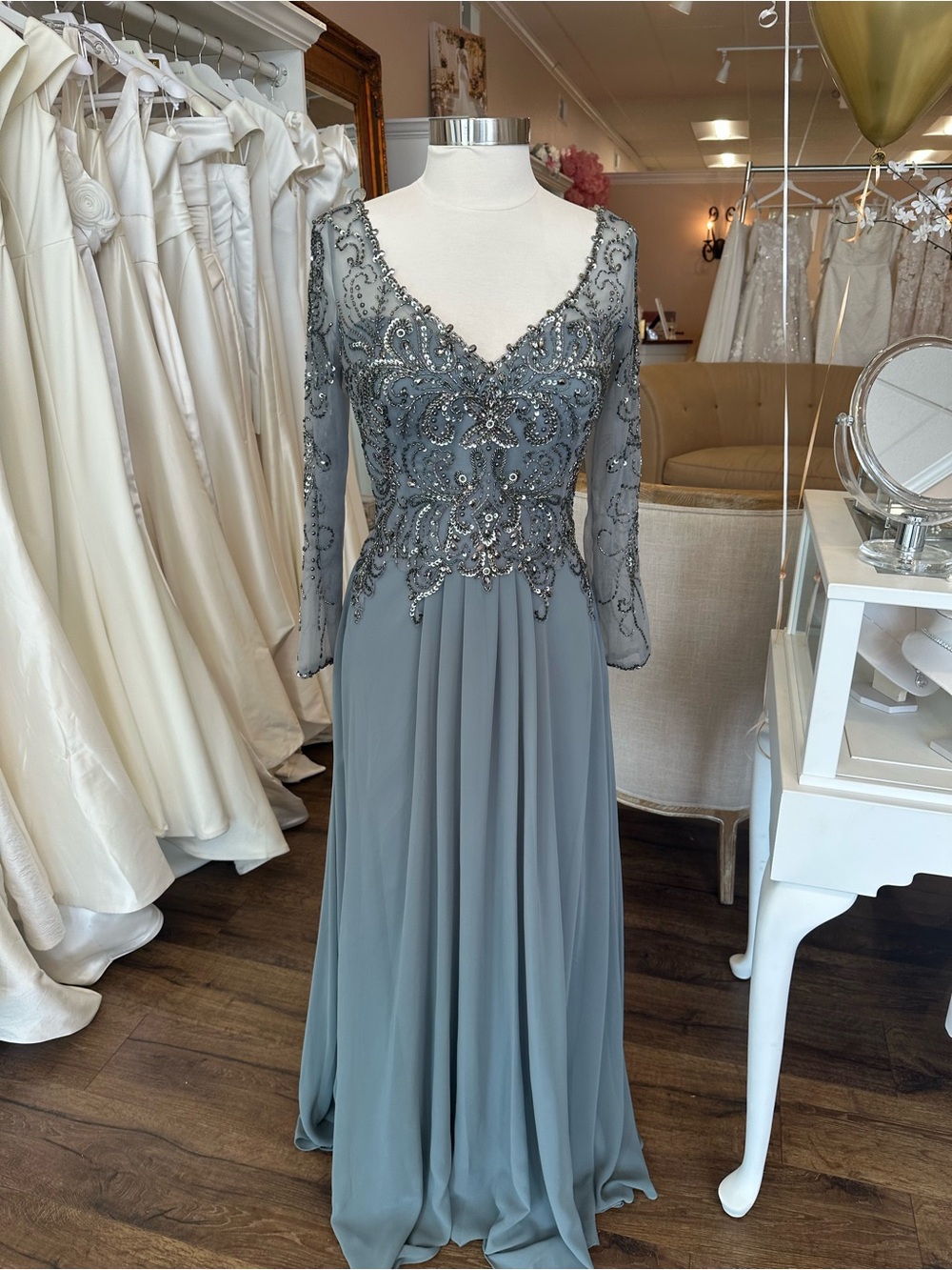 MGNY style# 72403. Embellished Long Sleeve Chiffon Evening Dress in Silver/Sage